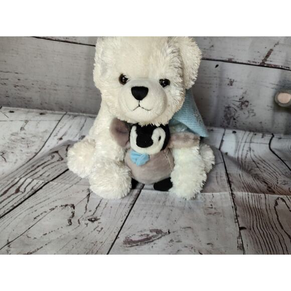 Polar Bear Plush Holding Penguin White With Blue Scarf The Bearington Collection - Picture 1 of 10